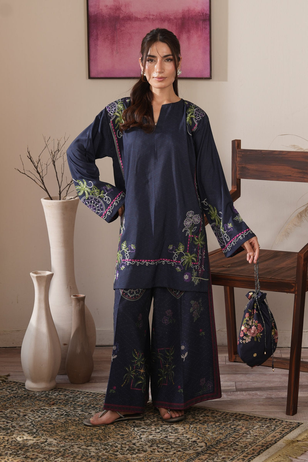 Sapphire Muse Embroidered Dull Raw Silk Co-ord Set