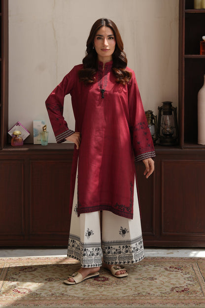 Crimson Red Embroidered Dull Raw Silk Co-ord Set