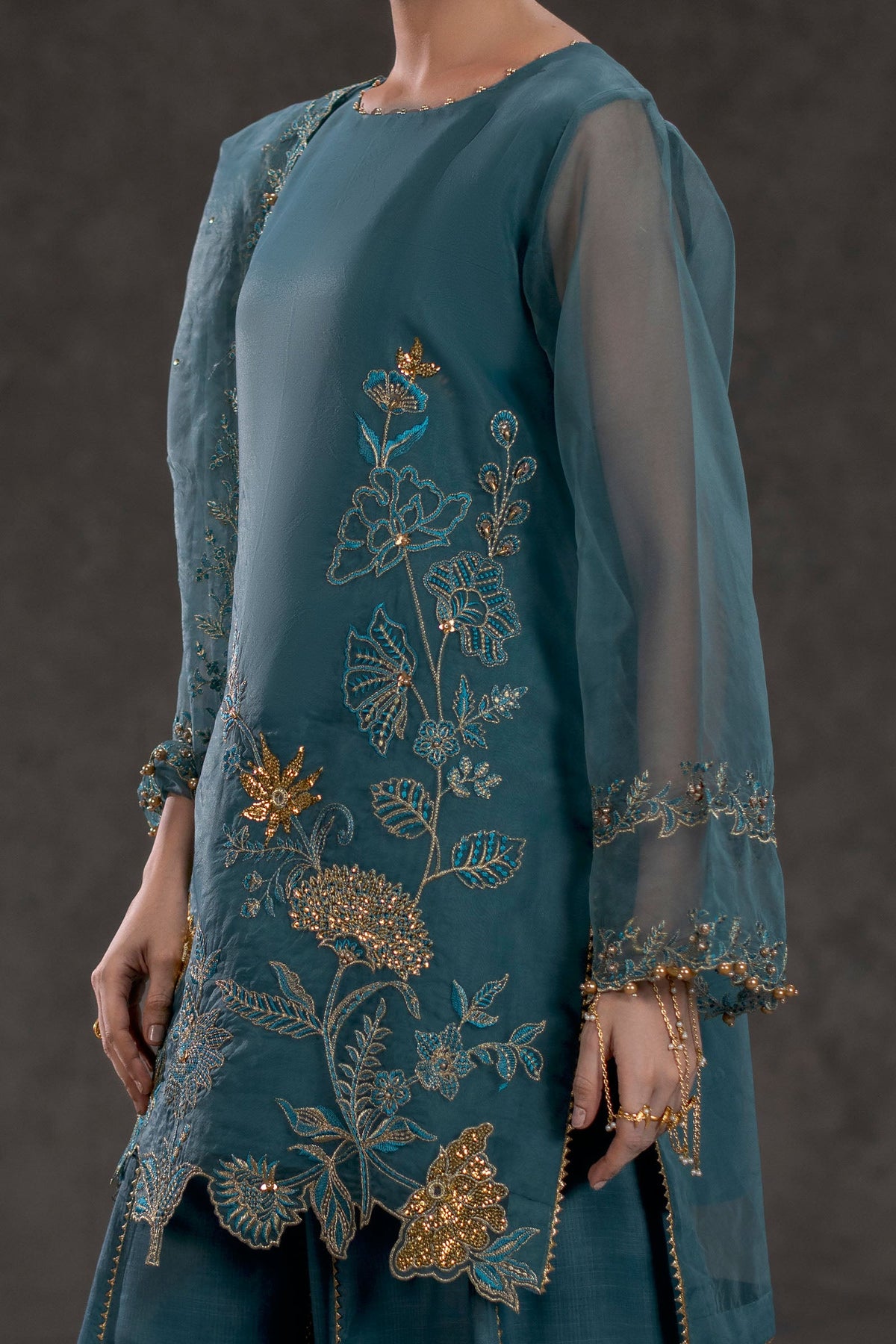 Sea Green Embroidered Organza Suit – view 4