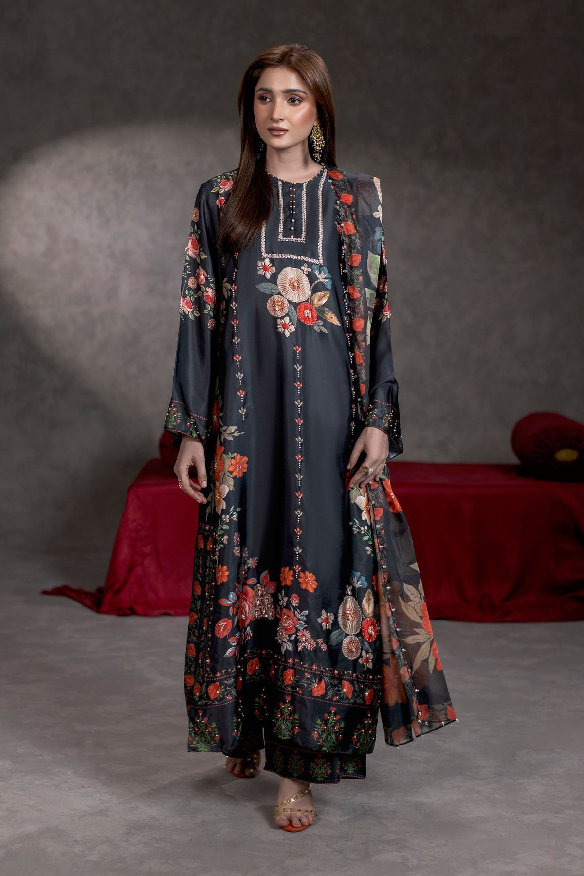 Midnight Flora Shamoze Silk Kaftan Suit