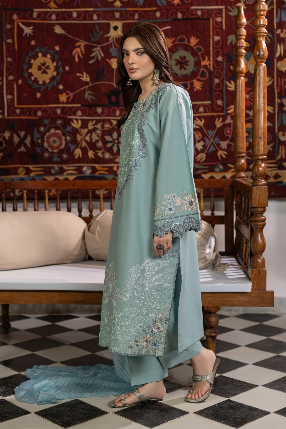 Aqua Embroidered Cambric Cotton Suit – view 2