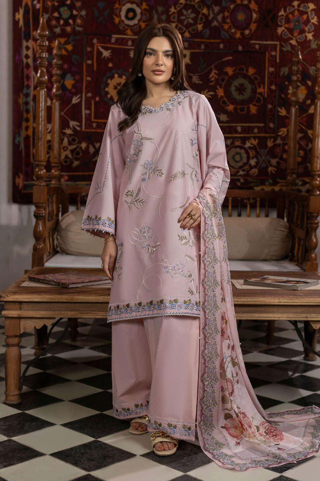 Baby Pink Embroidered Cambric Cotton Suit