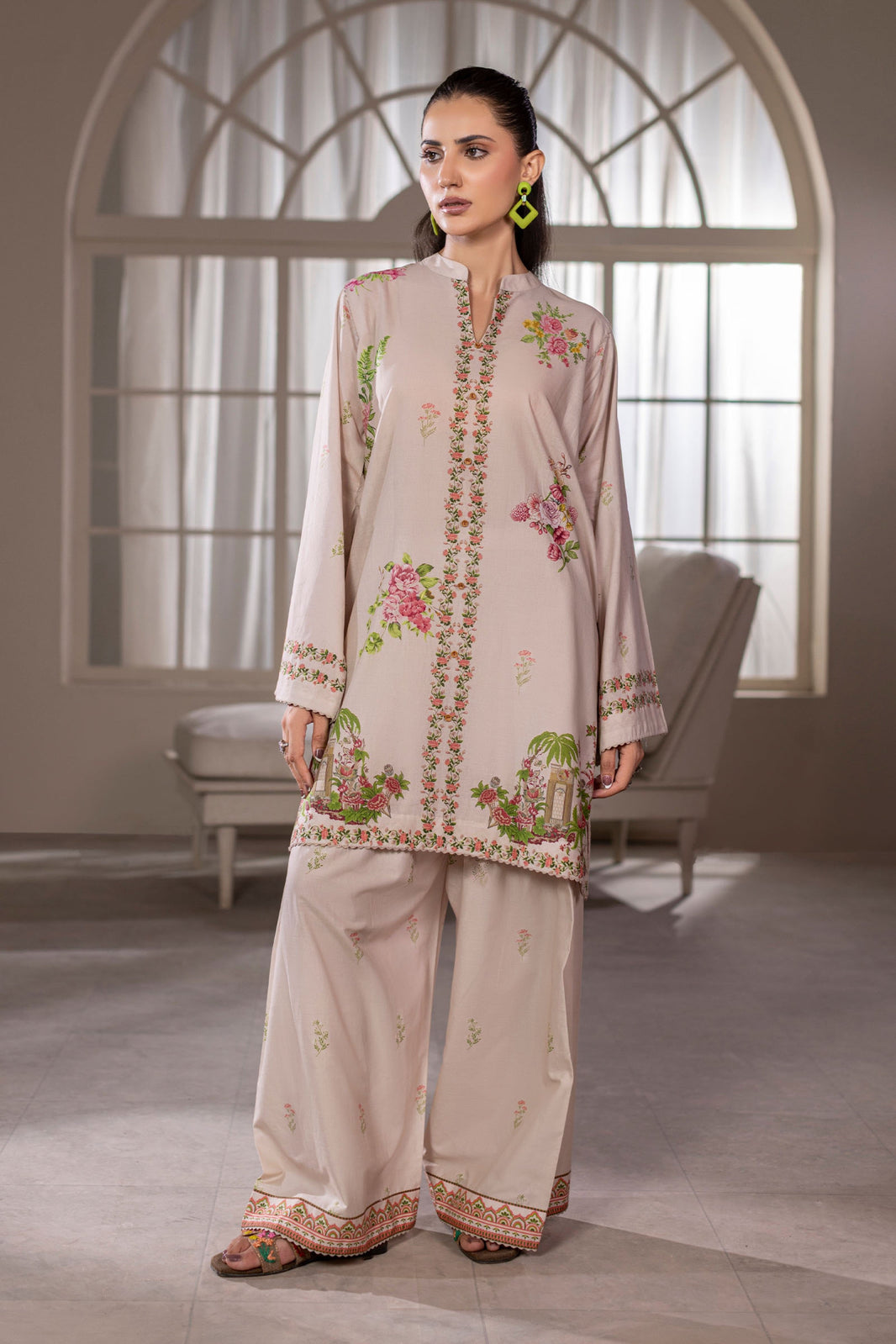 Cream White Printed Cotton Suit