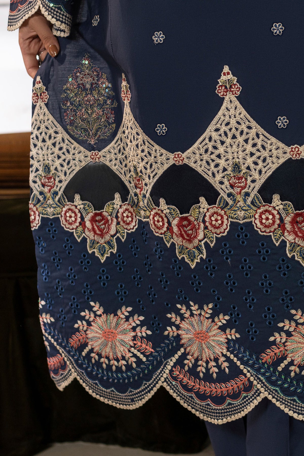 Deep Blue Embroidered Cambric Cotton Suit – view 1