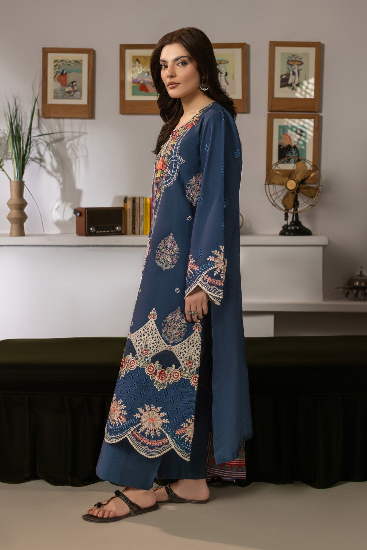 Deep Blue Embroidered Cambric Cotton Suit – view 4
