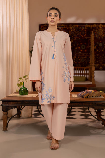 Peach Embroidered Cambric Cotton Suit