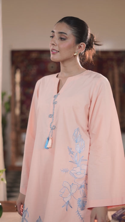 Peach Embroidered Cambric Cotton Suit