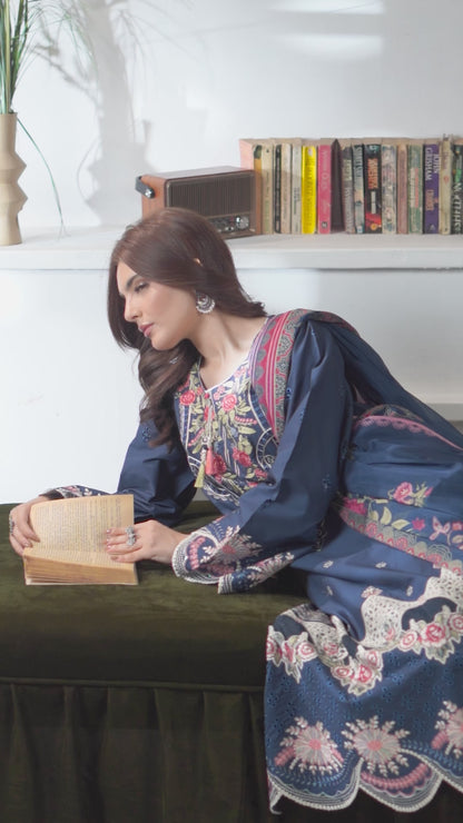 Deep Blue Embroidered Cambric Cotton Suit