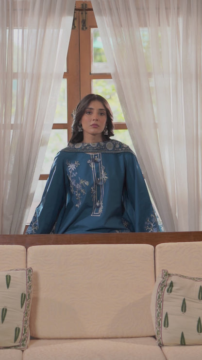 Steel Blue Embroidered Cambric Cotton Suit