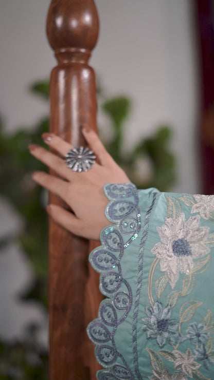 Aqua Embroidered Cambric Cotton Suit