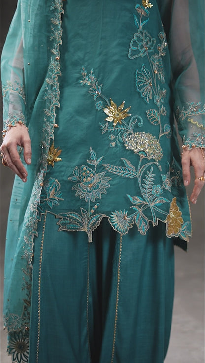 Sea Green Embroidered Organza Suit